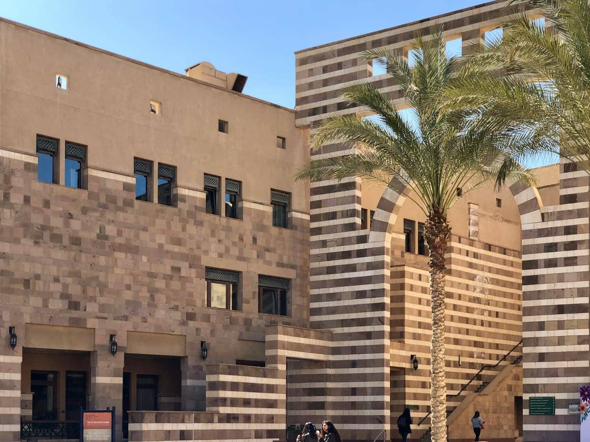 مبنى حجري مخطّط ونخلة في القاهرة الجديدة